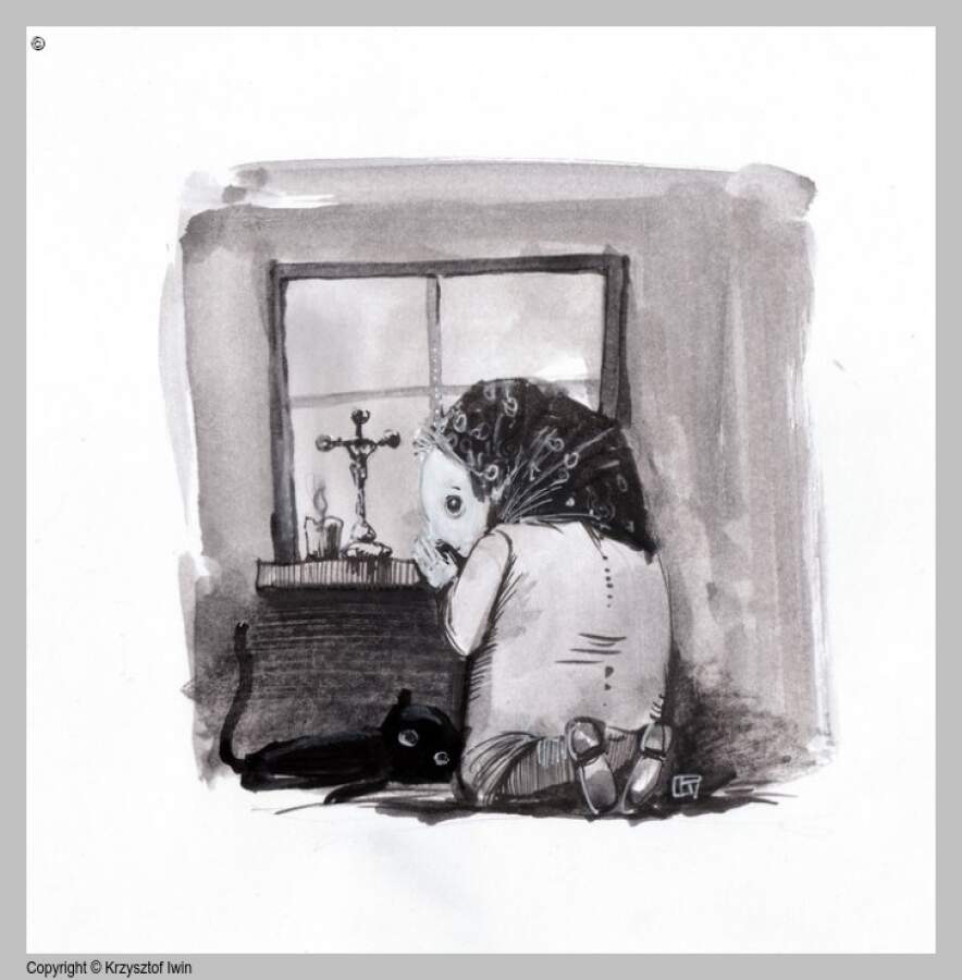 Modlitwa - kredka na kartonie, 11 x 11 cm, 2010 r.