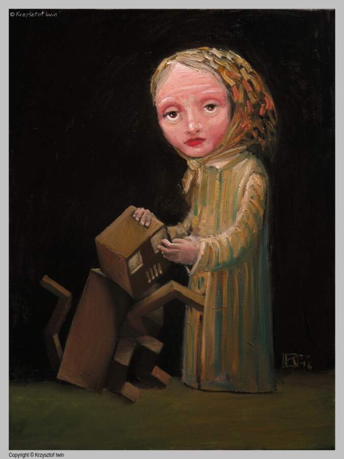 Babcia i robokot - olej na płótnie, 30 x 40 cm, 2016 r.