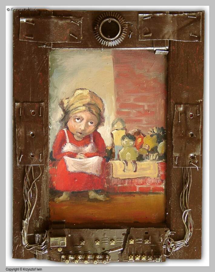 Sprzedawczyni zabawek - olej na płycie, 30 x 40 cm, 2002 r.