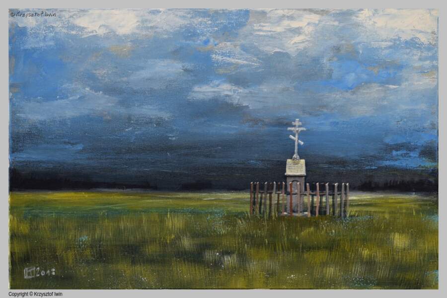 Krzyż w polu - akryl na płótnie, 70 x 40 cm, 2018 r.