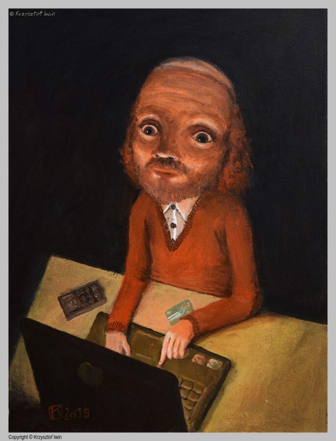 Żyd liczący pieniądze - akryl na płycie, 30 x 40 cm, 2019 r.