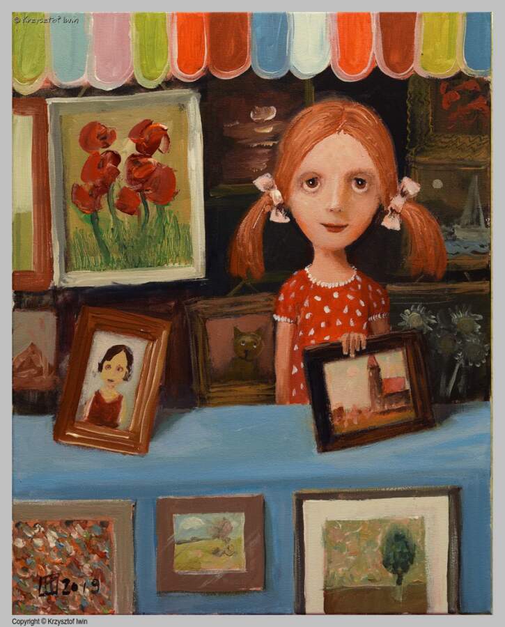 Sprzedawczyni obrazów - akryl na płótnie, 40 x 50 cm, 2019 r.