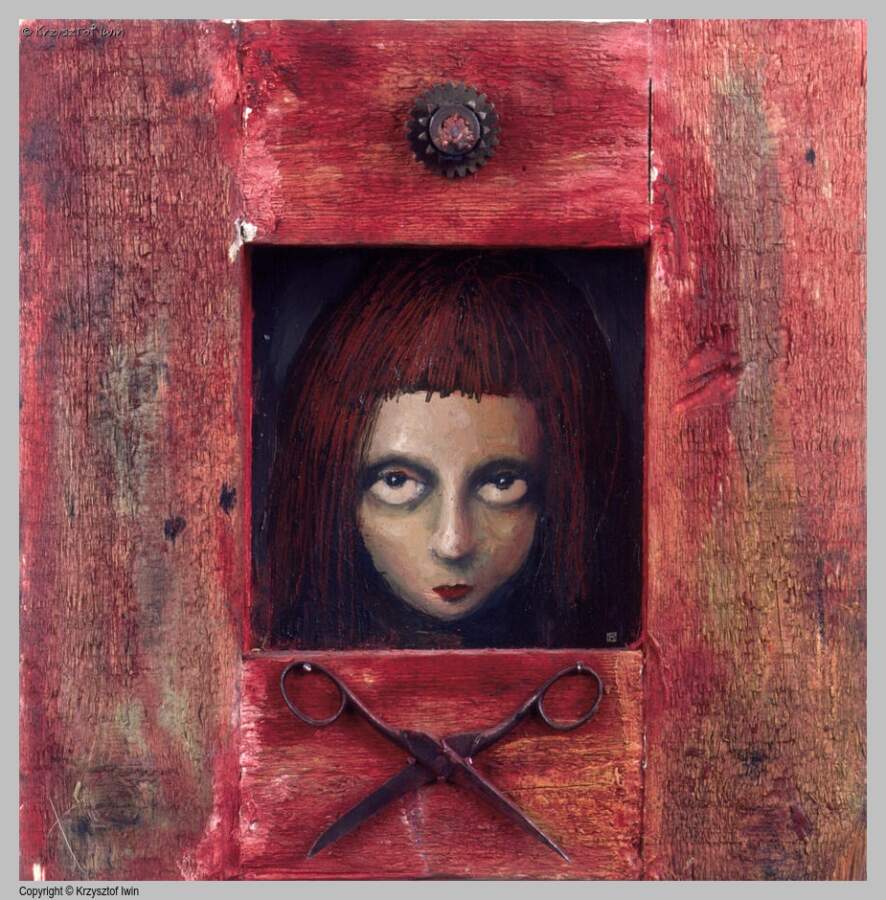 Krawcowa - olej na płycie, 15 x 15 cm, 2000 r.