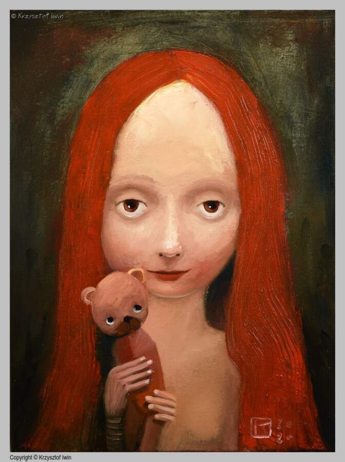 Portret z maskotką - olej na płótnie, 30 x 40 cm, 2021 r.