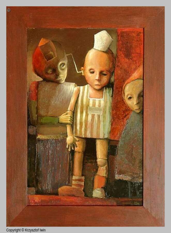 Przesłuchanie - olej na płycie, 92 x 65 cm, 2002 r.