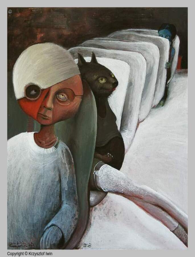 Pobity kibic, transwestyta i ja - akryl na płótnie, 65 x 85 cm, 2003 r.
