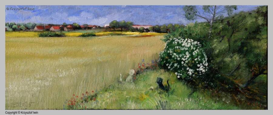 Spotkanie pod bzem - olej na płótnie, 50 x 20 cm, 2025 r.
