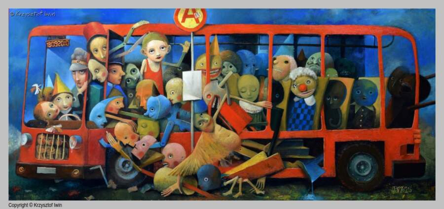 Nocny autobus - olej na płycie, 140 x 50 cm, 2025 r.