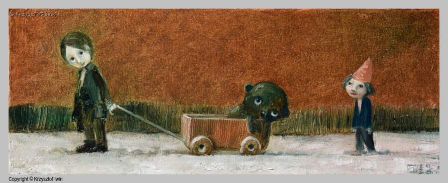 Chory miś - olej na płótnie, 50 x 20 cm, 2026 r.