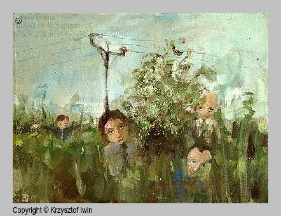 Biznesmeni na łące. Nirwana - olej na płótnie, 40 x 30 cm, 2001 r.