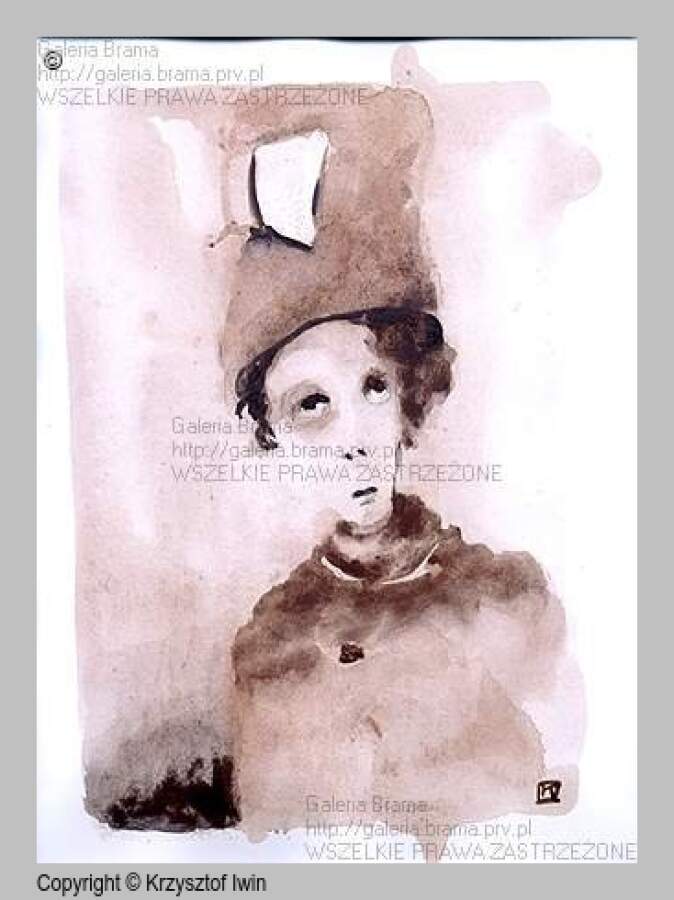 Dama z ul.Piwnej - gwasz i akryl na kartonie, 20 x 28 cm, 2002 r.